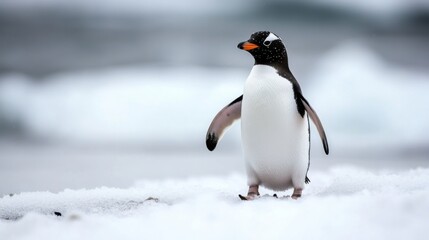 Naklejka premium Gentoo Penguin Standing on Snow in Antarctica