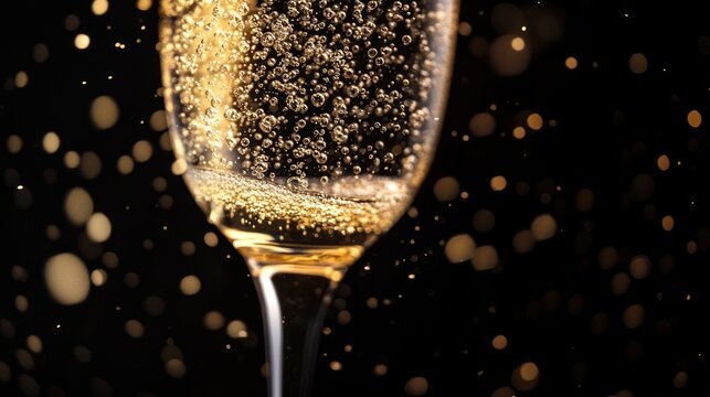 A microscopic view of fizzing bubbles rising in a glass of champagne, catching the light and creating a sparkling cascade, elegant and dynamic, high-speed photography, black background. -