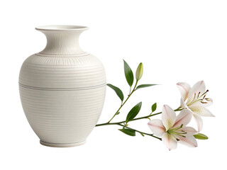 Elegant white vase with lilies isolated on transparent background, a floral arrangement