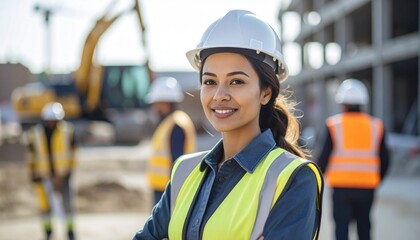 Confident female engineer in a hard hat supervising a busy construction site with her team