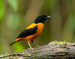 Fototapeta premium A vibrant orange and black bird perched on a log in a forest