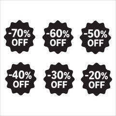 Discount Sale Tags Black and White Vector Illustration Offering Variety of Percentage Off Deals for Retail Promotions and Seasonal Sales