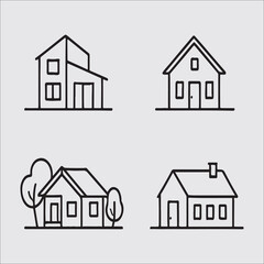 Collection of minimal line drawing house icons representing different architectural styles and residential properties for real estate designs and building concepts