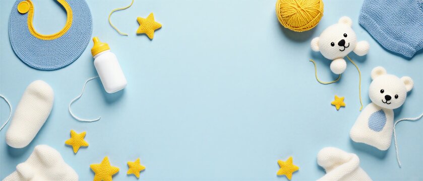 baby essentials flat lay: knitted bib, tiny socks, bottle, and toys on pastel blue backdrop | baby shower, gift, newborn, care, love theme - Powered by Adobe