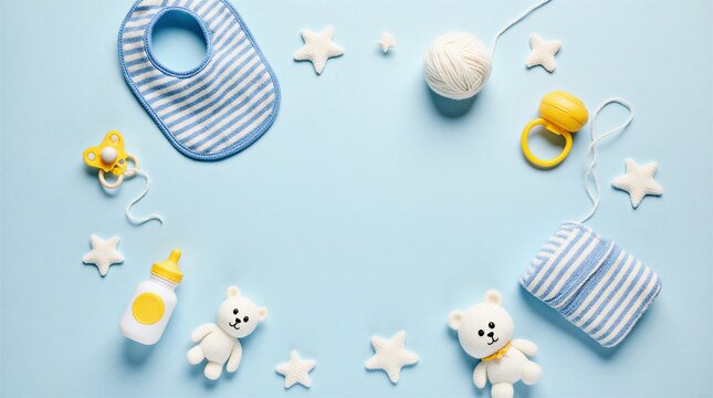 baby boy essentials flat lay: blue knitted bib, bottle, and tiny socks, baby shower gift ideas | baby shower, gift, essentials, care, affection theme