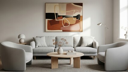 Modern minimalist living room interior with neutral tones, abstract wall art, cozy seating, and natural light, contemporary home decor