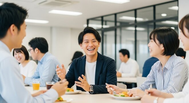笑顔あふれる交流、同僚と笑顔で食事をする若手社員たち