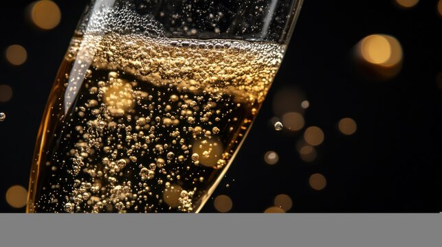 A microscopic view of fizzing bubbles rising in a glass of champagne, catching the light and creating a sparkling cascade, elegant and dynamic, high-speed photography, black background.