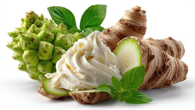 Light green fruit-like bulb, creamy whipped topping, and sliced burdock root on white background. Fresh, healthy, and appetizing