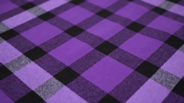 Purple and Black Plaid Fabric Texture - Close-up view of a vibrant purple and black plaid fabric with intersecting lines.