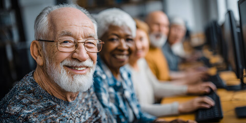Aging populations and demographics and community concept. Smiling seniors engaged in computer activities at a communal space.
