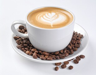Obraz premium Hot cappuccino coffee cup with latte art on frothy milk served with roasted coffee beans