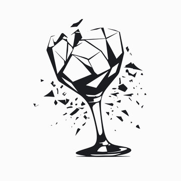 Shattered wine glass geometric art design illustration in vector silhouette