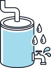 Simple illustration of a water barrel with a spigot and dripping water representing water storage and dispensing