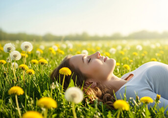 Woman lying in dandelions with eyes closed and soft smile, serene meadow portrait for wellness education, meditation content and peaceful outdoor lifestyle design