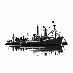 Obraz premium Industrial cargo vessel with smoke and reflection, creating a stark silhouette