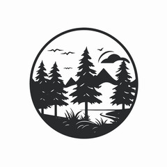 Serene woodland scene with mountains and flying birds graphic design silhouette