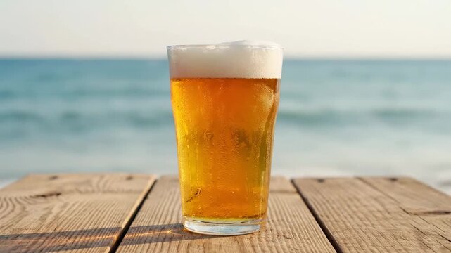 Cold Beer by the Ocean - A half-full glass of cold beer sits on a rustic wooden table overlooking a calm ocean. The scene evokes a feeling of relaxation and leisure at the beach.