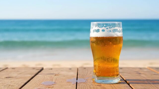 Cold Beer by the Ocean - A half-full glass of cold beer sits on a wooden table overlooking a beautiful ocean beach.