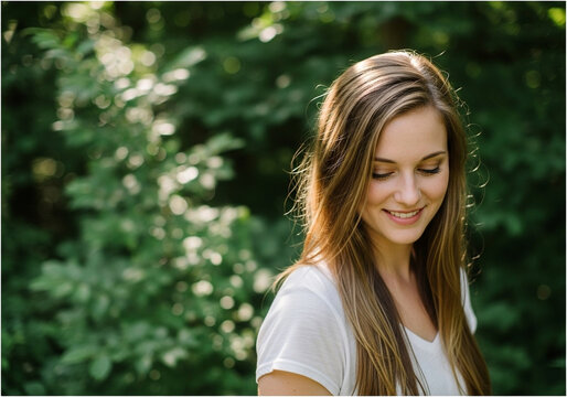 Woman smiling gently by thick garden leaves, serene green portrait for wellbeing blogs, mindfulness education and eco lifestyle communication