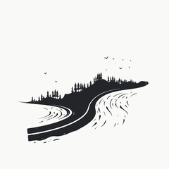 Obraz premium Serene lakeside road with mountain view, nature landscape, monochrome vector silhouette