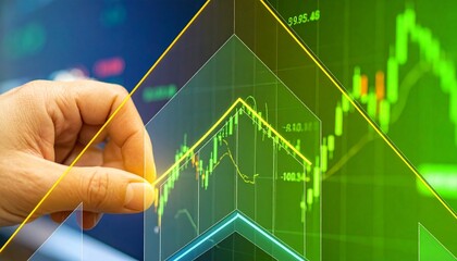 A hand adjusts an upward arrow overlay on a digital screen showing a financial stock market graph with green and yellow lines, highlighting market growth