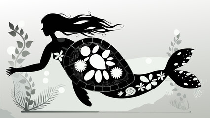 Silhouette of a mermaid with a turtle shell body and floral designs swimming in the ocean water art