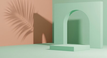 Minimalist 3D scene for product display. A pastel green podium stands before a beige arch with a palm leaf shadow, creating an ideal cosmetic mockup.

