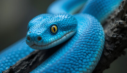 Fototapeta premium high-resolution, ultra-detailed, highly realistic, macro shot, close-up photography, hyper-detailed, mesmerizing blue snake, striking electric blue scales, penetrating yellow eye, natural lighting, 4K