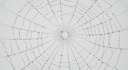 A close up view of a spider web covered in water droplets against a light gray background image