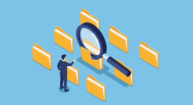 Businessman analyzing data with magnifying glass, finding solutions in digital files, modern concept