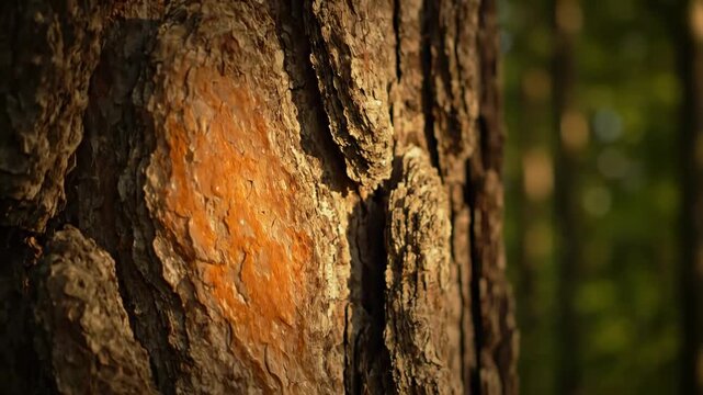 Sunlit Pine Tree Bark Texture - Close-up view of a pine tree trunk, showcasing the intricate texture and patterns of its bark.