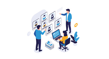 Team analyzing candidate profiles and resumes for hiring decisions in a modern office space