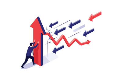 Businessman pushing upward arrow breaking barriers, achieving business success with dynamic growth concept