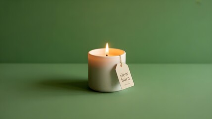 A single lit candle in a light green ceramic holder with a tag on a green background