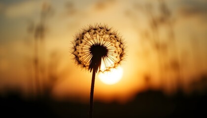 Fototapeta premium Silhouette of Dandelion Against Sunset Sky – A Peaceful Summer Zen Concept Background
