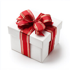 Wrapped Christmas gift box with red ribbon bow