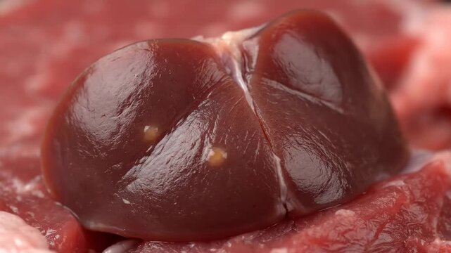Close-up of Raw Chicken Gizzard - A detailed close-up shot of a raw chicken gizzard, showcasing its texture and color. The gizzard rests on a bed of other raw chicken meat.