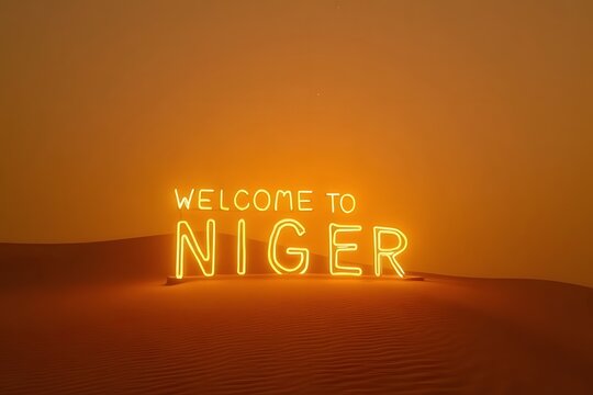 Welcome to Niger &ndash; glowing desert sign at Agadez mosque under golden sand dunes, ultra HD.

