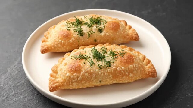 Delicious Chebureki Pasties Top View - Two golden-brown chebureki pasties, garnished with fresh dill, are presented on a white plate against a dark gray background.