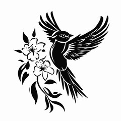 Obraz premium Graceful bird flight with cherry blossom branch in minimalist artistic silhouette
