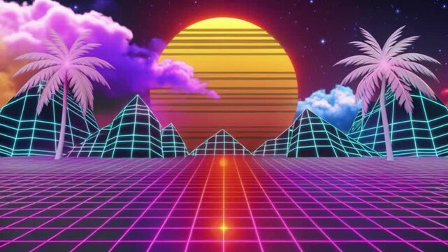 A vibrant retro landscape featuring a sunset, palm trees, and geometric mountains. 4K seamless looping footage. Abstract Animation Looping Background. 