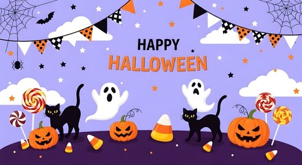 A festive halloween background with cats, ghosts, pumpkins, candy, and decorations, creating a cute and celebratory atmosphere isolated on white background