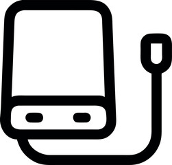 Minimalist line icon depicting a portable external hard drive with a connected cable, symbolizing data storage, backup solutions, and mobile digital information transfer for modern technology users