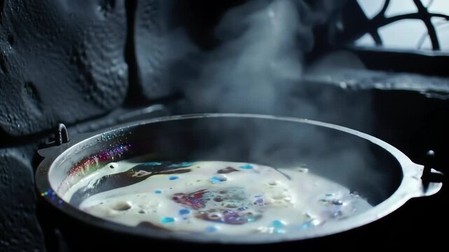 mysterious colorful potion bubbling in a dark cauldron