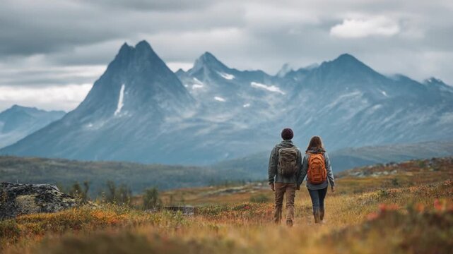 Couple's Mountain Journey: A couple embarks on a scenic mountain hike, their backs turned to the camera, as they walk towards majestic peaks in a breathtaking natural landscape.