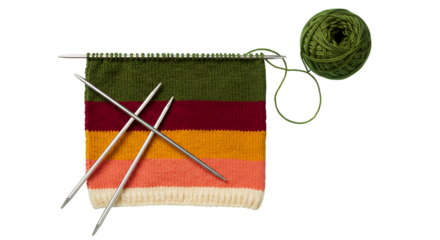 Handknitted ecofriendly scarf patterns knitting project with yarn and needles isolated on transparent background