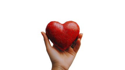 A symbolic image of care and romance, a red heart in a woman's hands is a powerful symbol of love and giving on PNG white background.