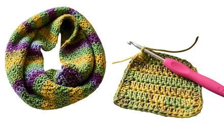 Handknitted ecofriendly scarf patterns crocheted infinity scarf and crochet hook isolated on transparent background