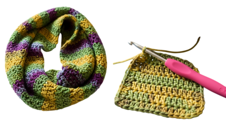 Handknitted ecofriendly scarf patterns crocheted infinity scarf and crochet hook isolated on transparent background